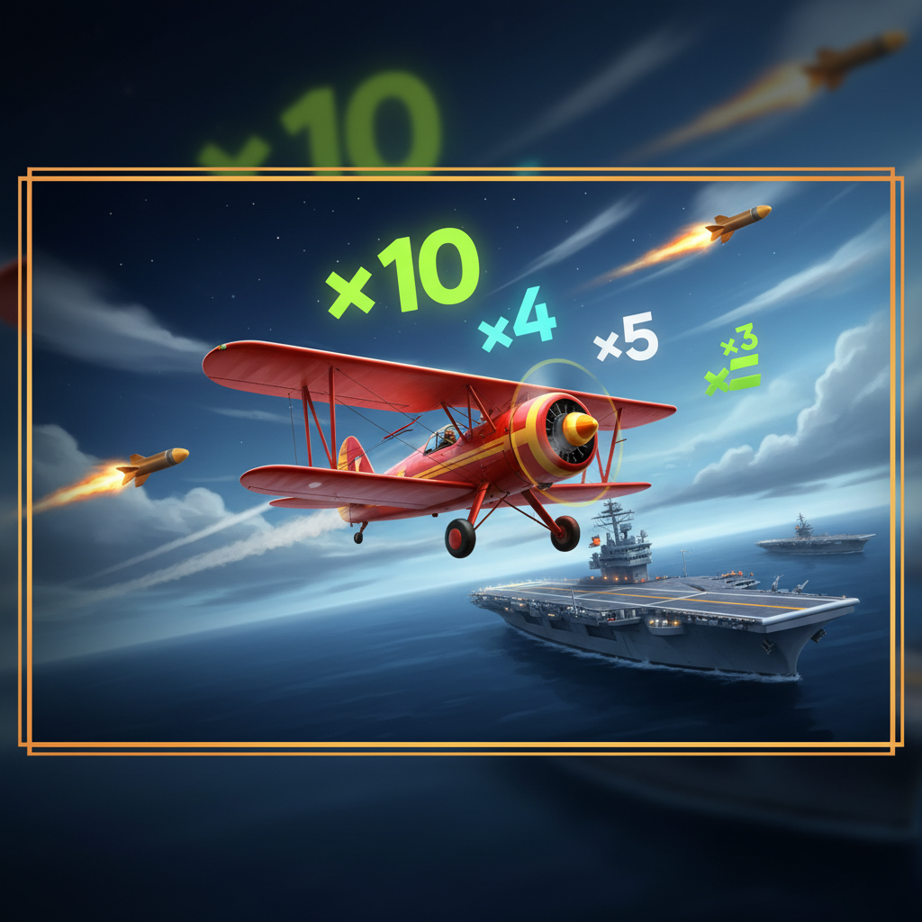 Aviamasters 2 - biplano rosso in volo verso la portaerei con moltiplicatori e razzi nel cielo